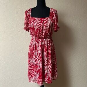 Banana Republic Red and White Leaf Print Midi Dress‎